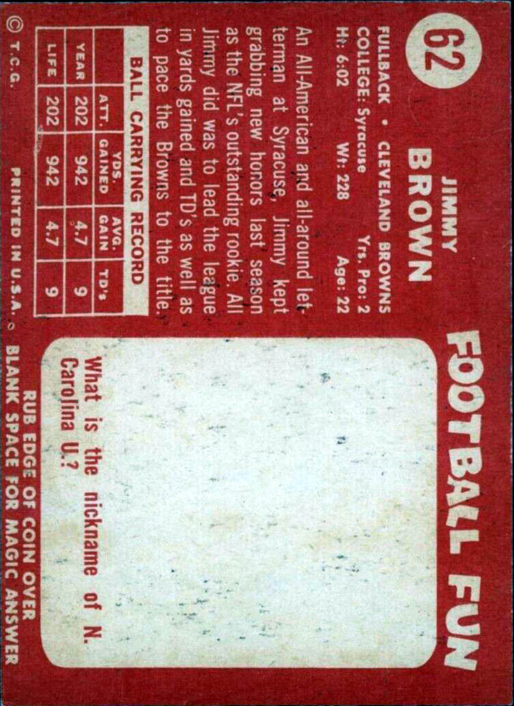 Jim Brown’s 1958 Topps #62 reverse: printed number, biography and statistics, with the source’s sideways text orientation.
