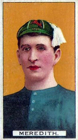Stanley Meredith’s 1907–08 Football Captains front: green cap, blue sweater, orange background and Meredith caption.