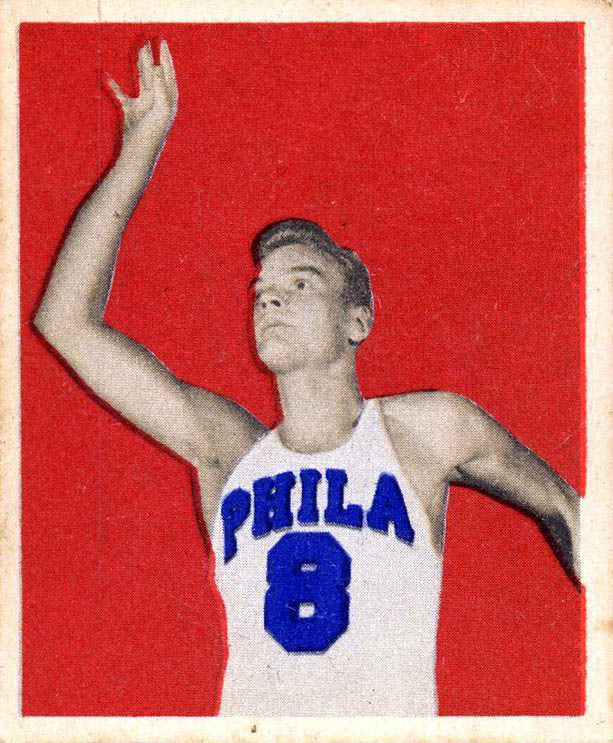 George Senesky’s 1948 Bowman #25 front: raised arm, Phila uniform and red background inside a white border.