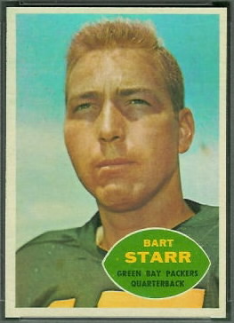Bart Starr’s 1960 Topps #51 complete front: Packers portrait and football-shaped name caption inside the white card border.