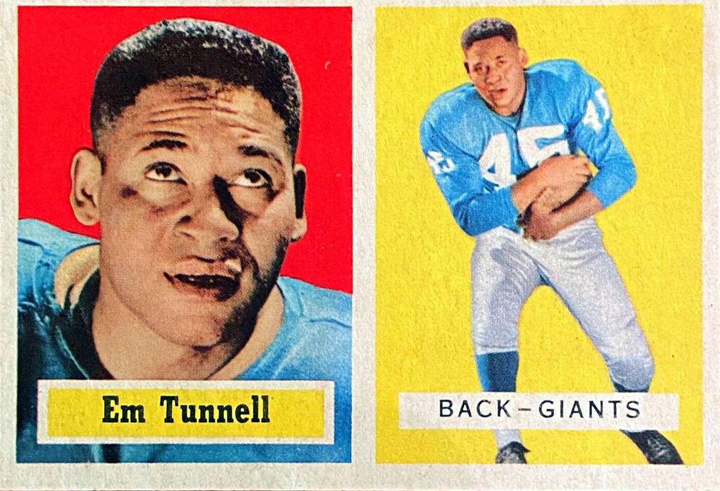 Emlen Tunnell’s 1957 Topps #35 front: Em Tunnell caption, Giants portrait and action panels.